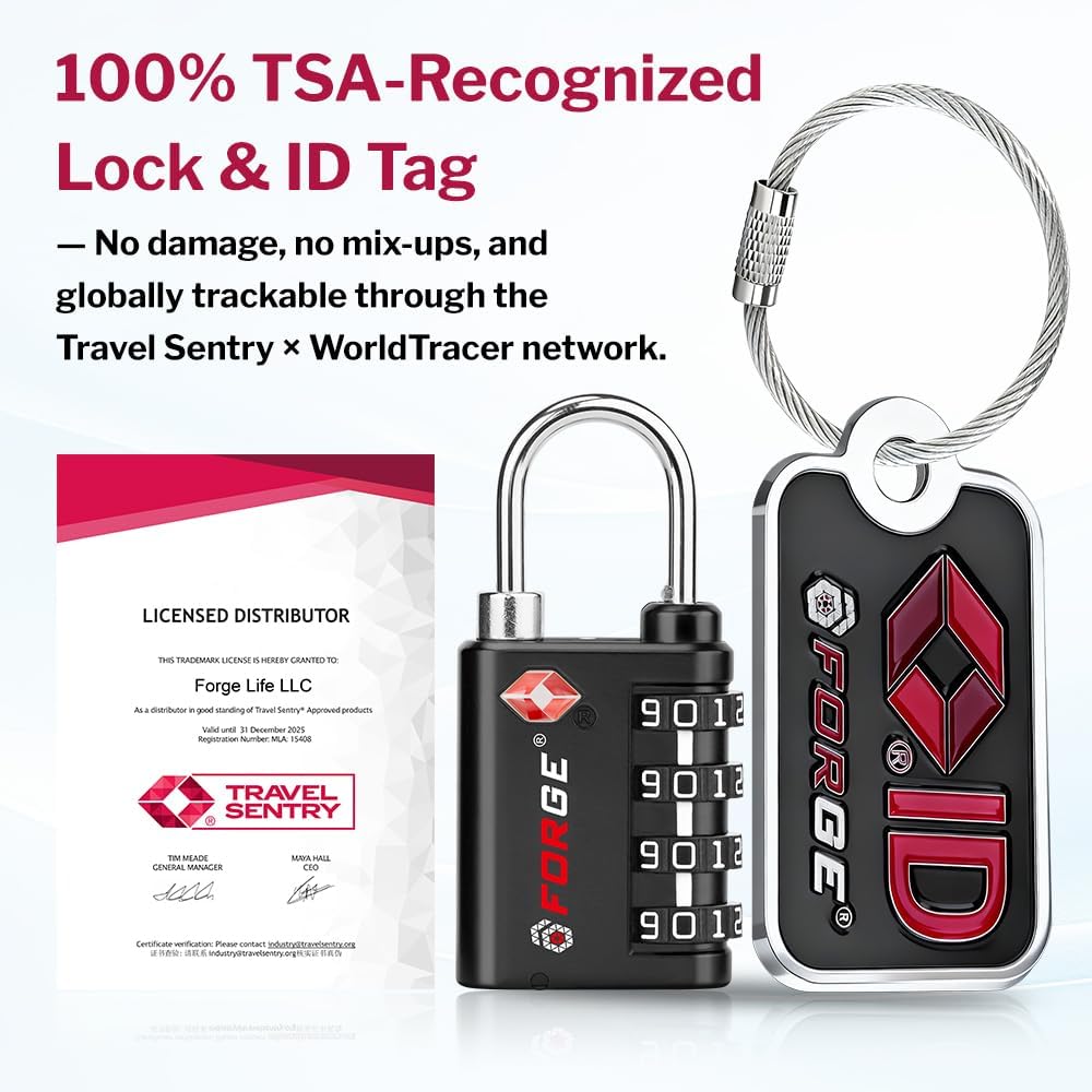 Forge Dual-Opening: Key or Combination Lock, TSA Approved Lock for Luggage, Pelican case, Travel, Gym, School, Luggage Combination Lock, Travel Bag Lock (Black 4 Locks and 2 ID)