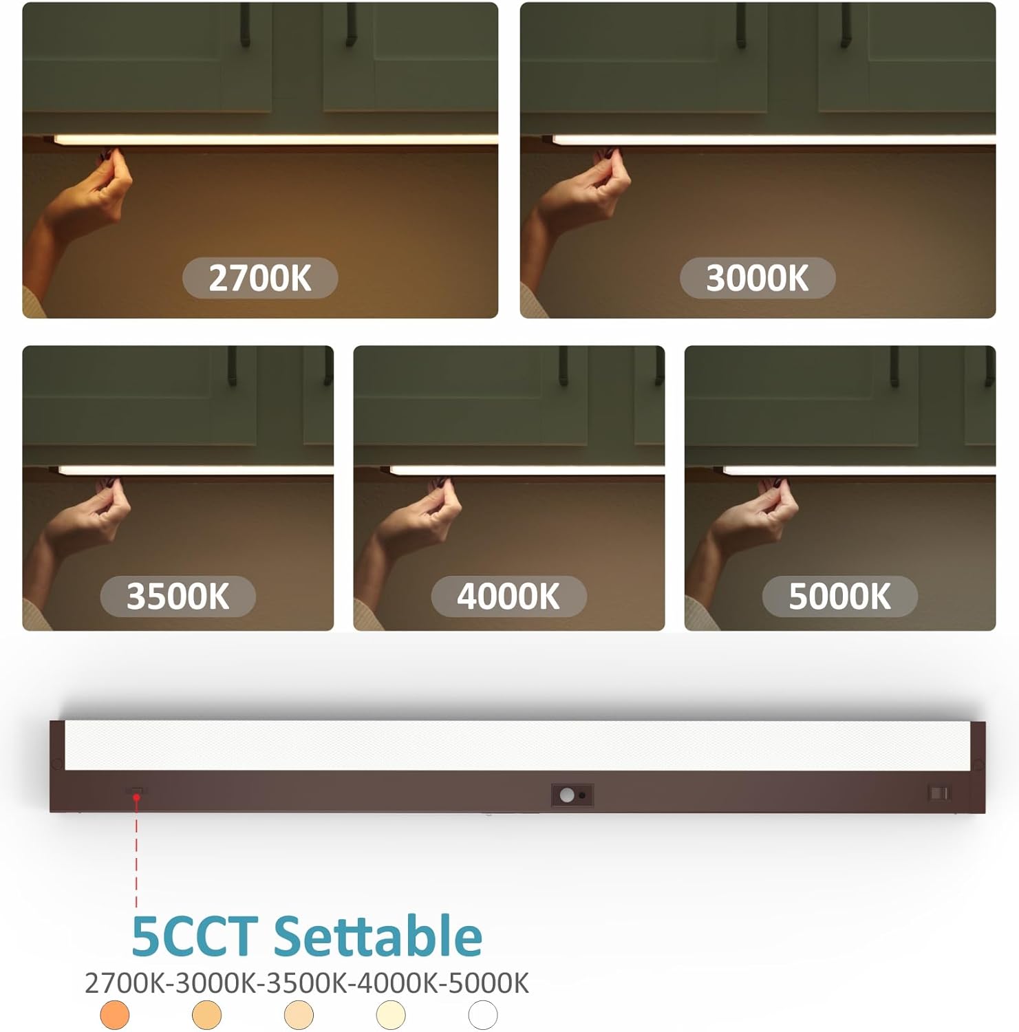 Under Cabinet Lighting Motion Sensor Hardwired, 32 Inch 16W Dimmable, 5 CCT 2700/3000/3500/4000/5000K, Eyes Care Design Linkable Under Counter Lights for Kitchen, Sink, ETL Listed, Bronze