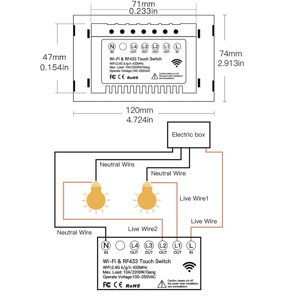 MOES 2.4GHz WiFi Wall Touch Smart Switch Neutral Wire Required, 3 Way Multi-Control, Glass Panel Light Switch Work with Smart Life/Tuya App, RF433 Remote Control, Alexa and Google Home Black 4 Gang