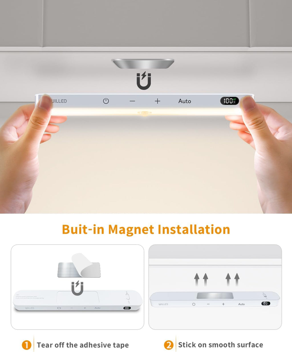WILLED 3000K Closet Lights Motion Sensored, Battery Display, 60 LED Touch Light Bar, Motion Sensor Light Indoor, Under Cabinet Lights Rechargeable, Stick on Light for Closet, Kitchen, Hallway, 4 Pack