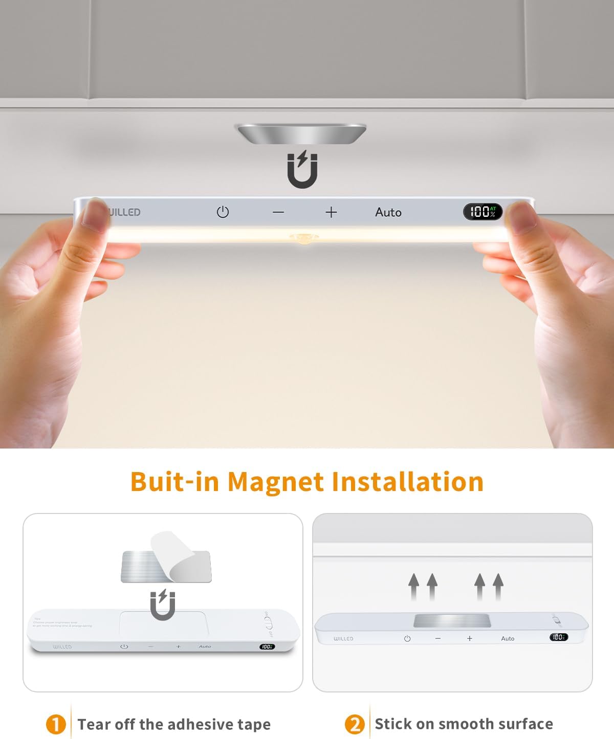 WILLED 3000K Closet Lights Motion Sensored, Battery Display, 60 LED Touch Light Bar, Motion Sensor Light Indoor, Under Cabinet Lights Rechargeable, Stick on Light for Closet, Kitchen, Hallway, 4 Pack