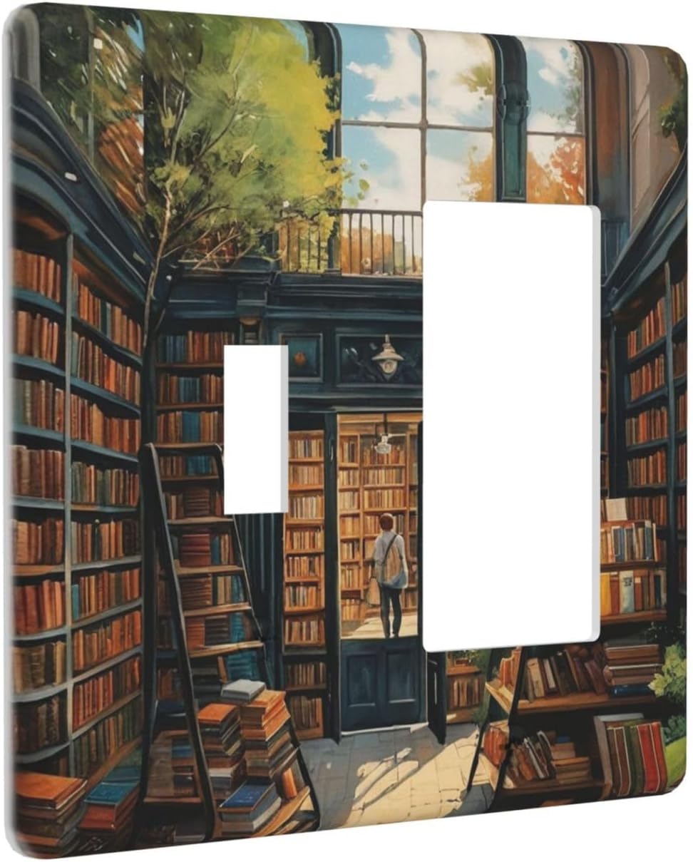 Library With A Lot Of Books Light Switch Covers 2 Gang Single Toggle Rocker Combination Wall Plate Cover Electrical Faceplate Decorative Switchplate for Farmhouse Decor