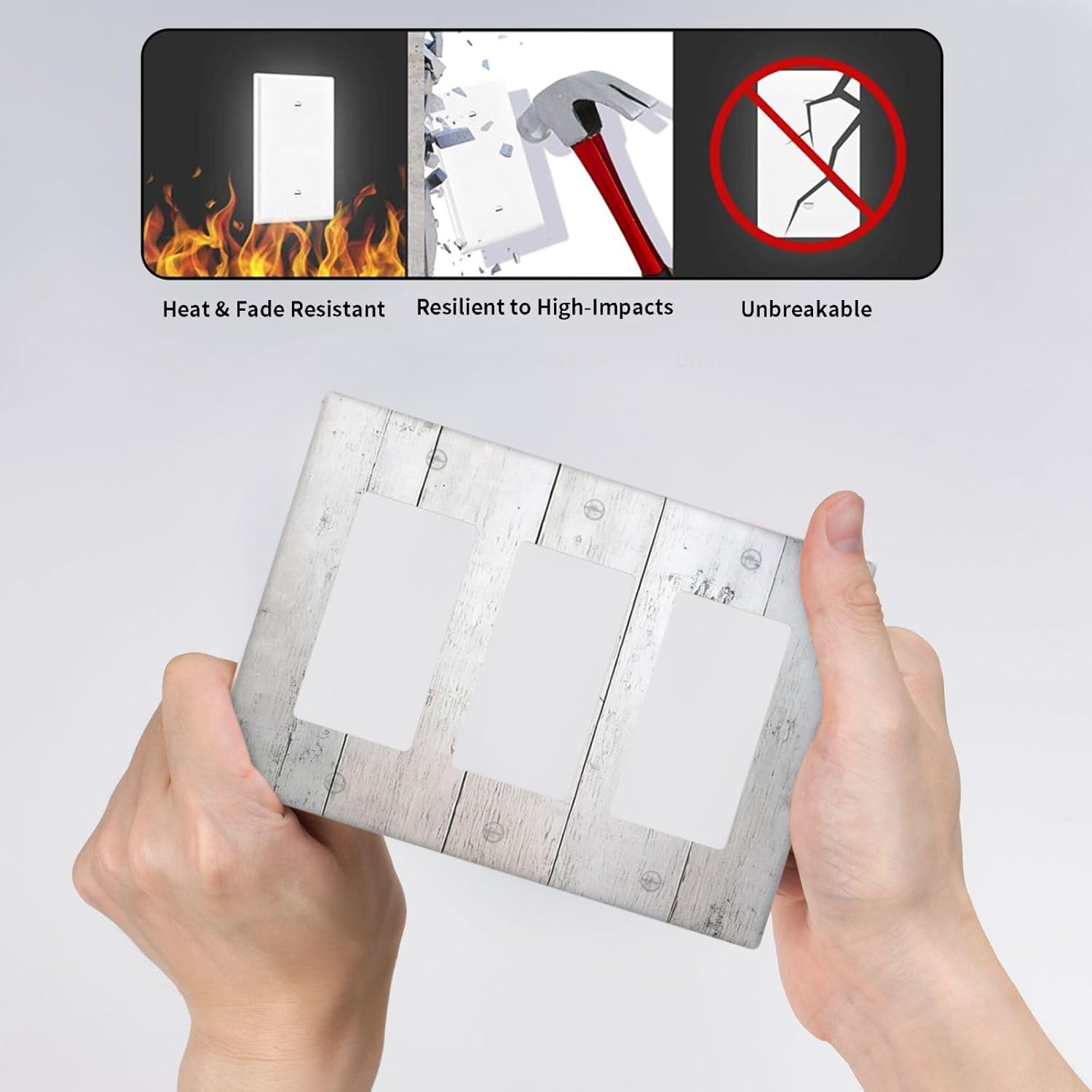 Rustic White Grey Wood Grain Light Switch Covers 3 Gang Rocker Decorative Triple Outlet Wall Plate Cover Electrical GFCI Switchplate for Bedroom Bathroom Decor