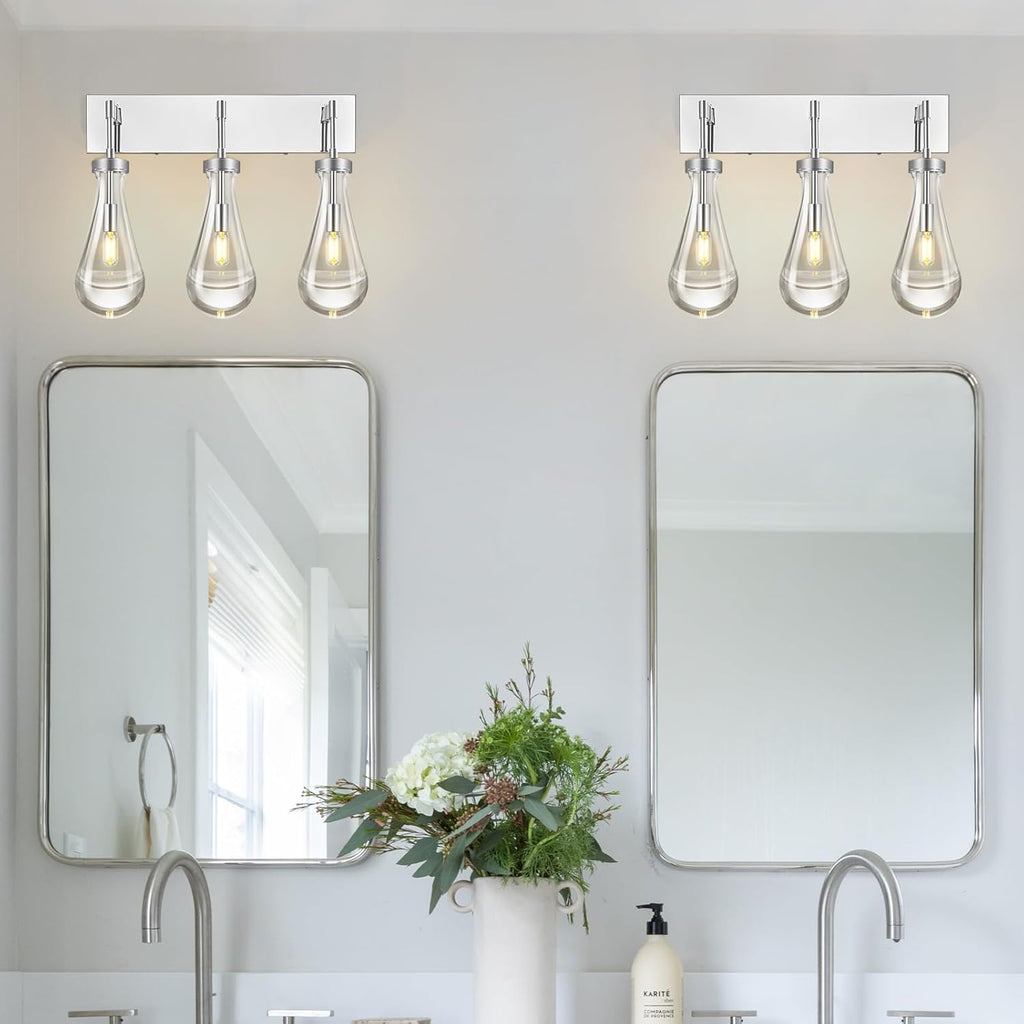 Raindrop Wall Sconces Chrome Crystal Sconces Wall Decor Modern Lighting Glass Bathroom Sconces Indoor Vanity Light Wall Lamp for Bedroom Living Room Stair(3-Light)