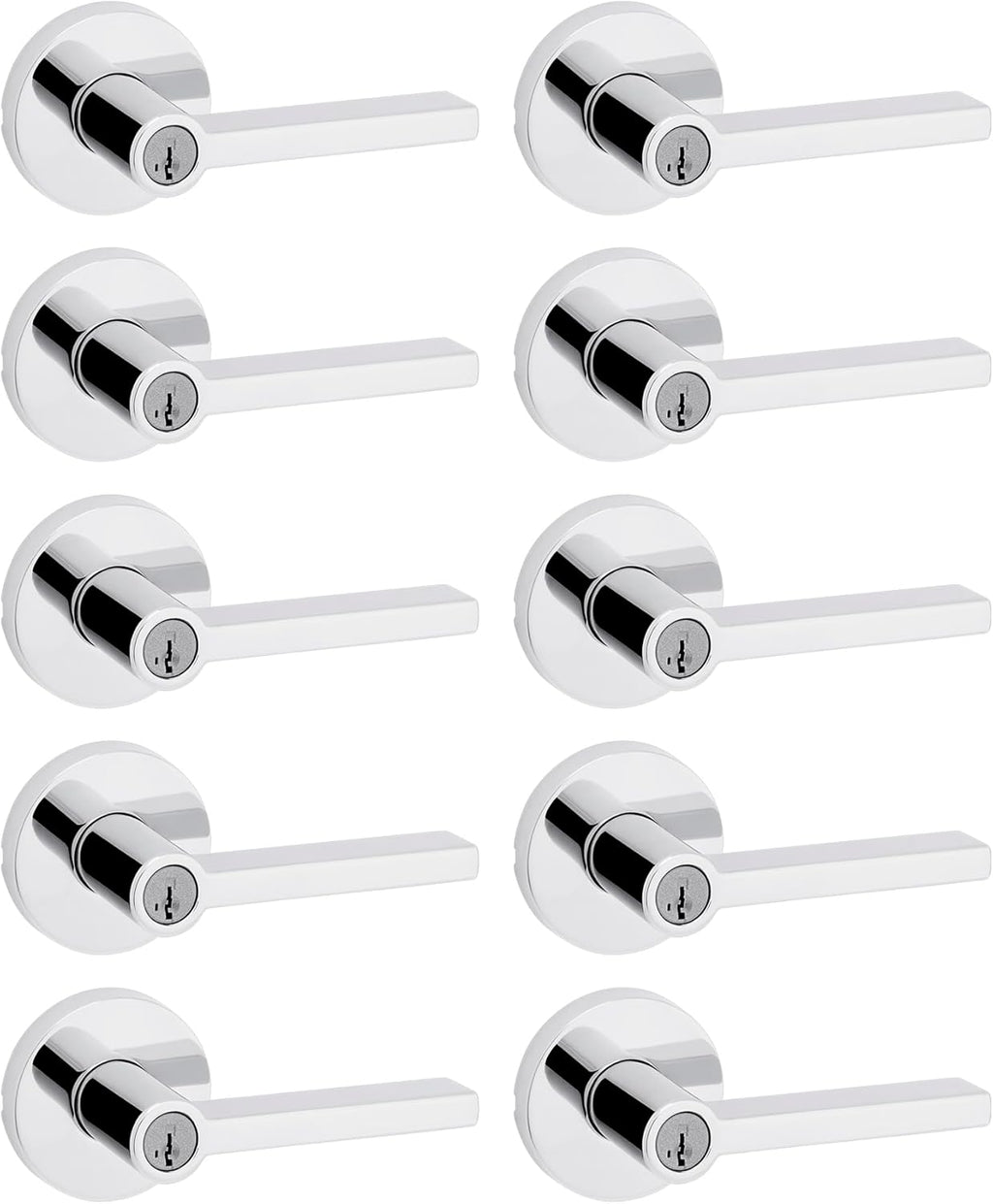 Kwikset Halifax Entry Door Handle with Lock and Key, Secure Keyed Reversible Lever Exterior, for Front Entrance and Bedrooms, Polished Chrome, 10 Pack, Pick Resistant SmartKey Rekey Security