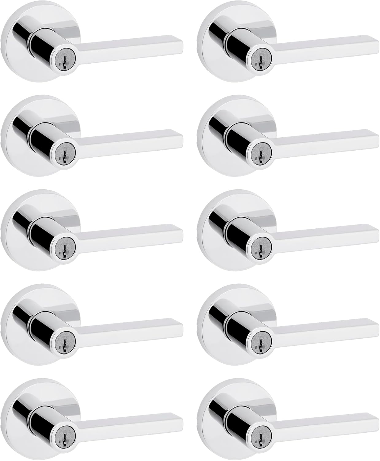 Kwikset Halifax Entry Door Handle with Lock and Key, Secure Keyed Reversible Lever Exterior, for Front Entrance and Bedrooms, Polished Chrome, 10 Pack, Pick Resistant SmartKey Rekey Security