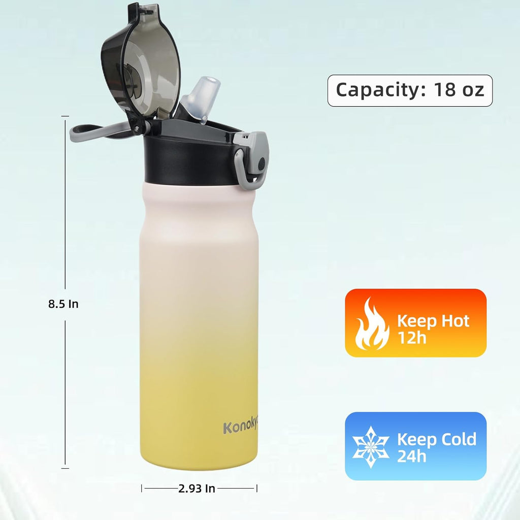 Insulated Water Bottle with Straw and Carry Loop,18 oz Stainless Steel Double Wall Vaccum Metal Water Flask with Leak-proof Lid,Lemon