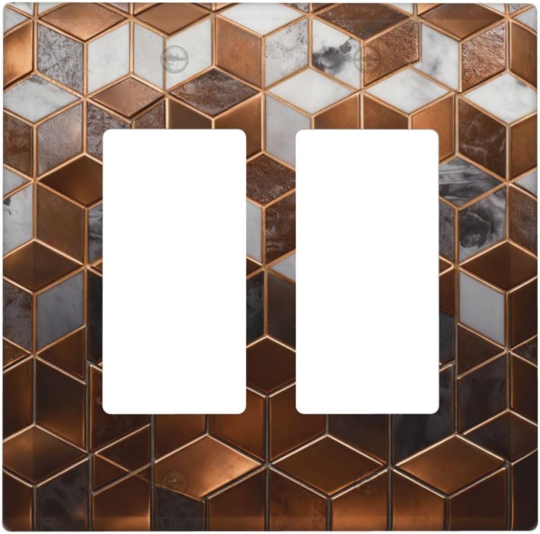 Brown Abstract Luxury Modern Geometric Cubic Marble 2 Gang Double Rocker Decorative Light Switch Covers Electrical Faceplate Switch Plates for Bathroom Kitchen Home