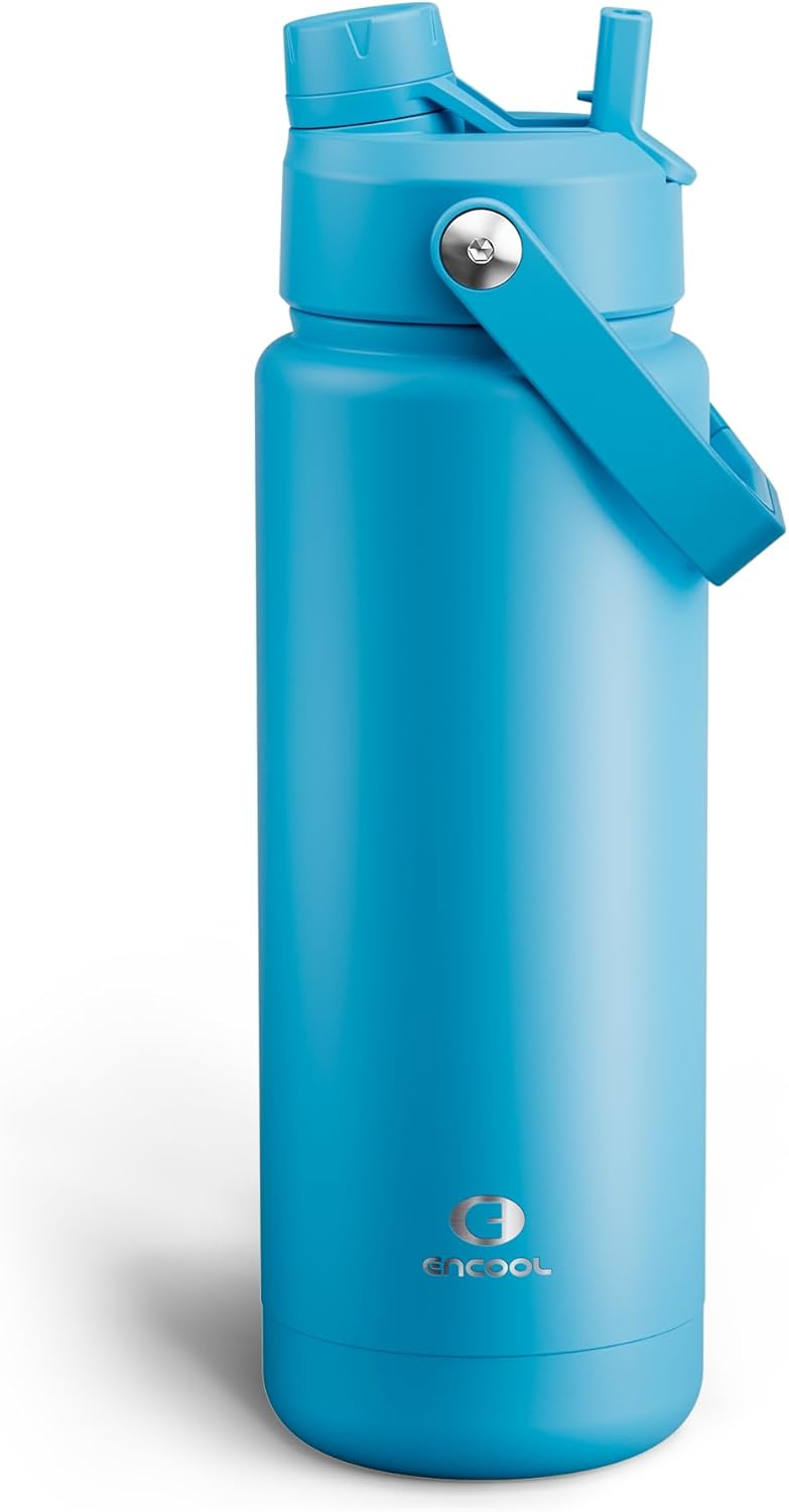ENCOOL Insulated Water Bottle with Straw Stainless Steel Water Bottle, Leak-Proof, BPA-Free, Double Wall Vacuum Keeps Cold for 24 Hours for Sports, Travel, School (32 oz, Azure Blue)