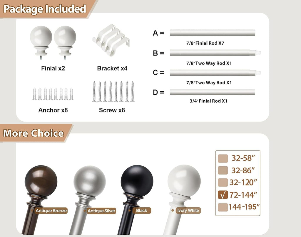 KAMANINA White Curtain Rod for Windows 72 to 144 Inches (6-12ft), 7/8 Inch Long Curtain Rods Adjustable, Single Heavy Duty Drapery Rods 144 inches with Round Finials