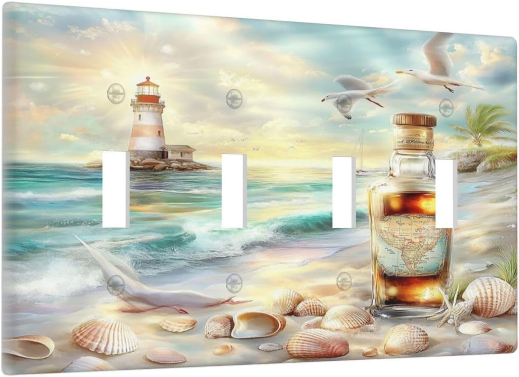 Light Switch Covers Beach Ocean Lighthouse Seashells Quad Toggle Electrical Faceplate 4 Gang Wall Plate Decorative Switch Plates For Bed Room Living Room Decor