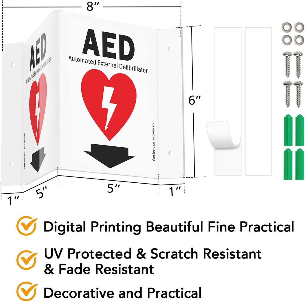 Faittoo AED Sign, AED with Down Arrow - 3 Pack 6 x 8 Inches V-Shaped Acrylic Plastic, 4 Pre-Drilled Holes, Includes Matching Screws, Use for Home Office/Business