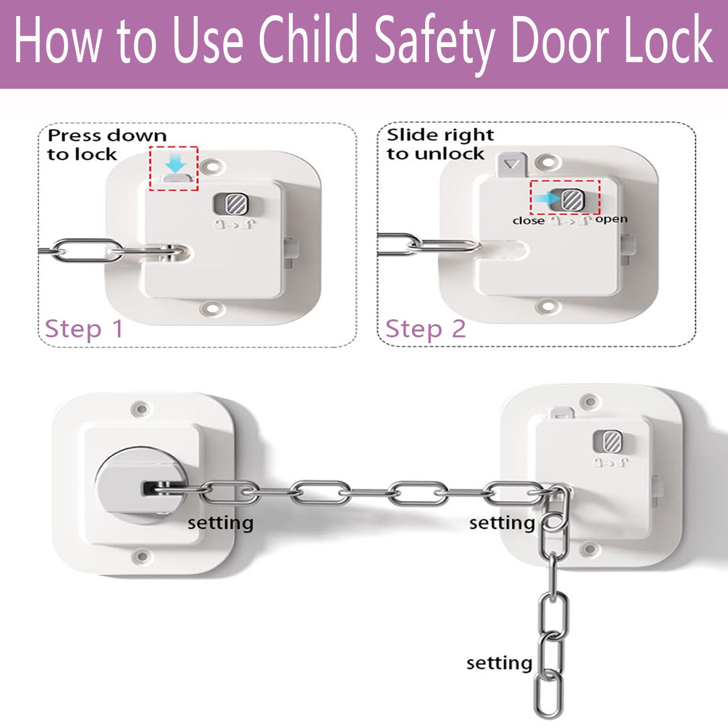 Child Proof Door Lock with Adjustable Strap, Cat Door Latch 3M Adhesive Safety Locks for Baby, Dementia & Pets, No Tools Needed 4 Pack
