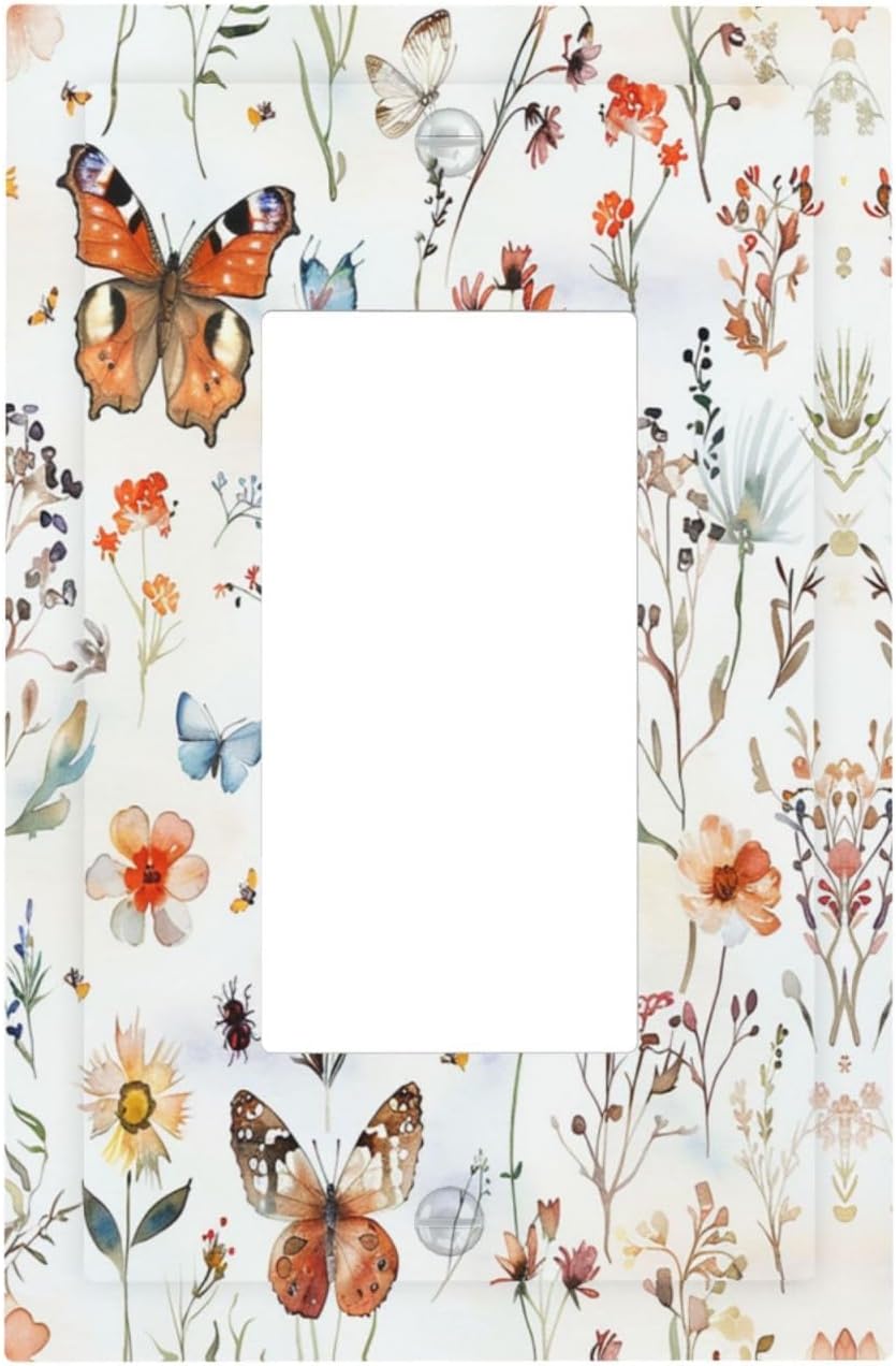 Decorative Outlet Covers Butterfly Floral Boho Multicolor Flower Leave 1 Gang Single Rocker Light Switch Cover Plate Wall Plates GFCI Faceplate for Bed Room living Room Decor