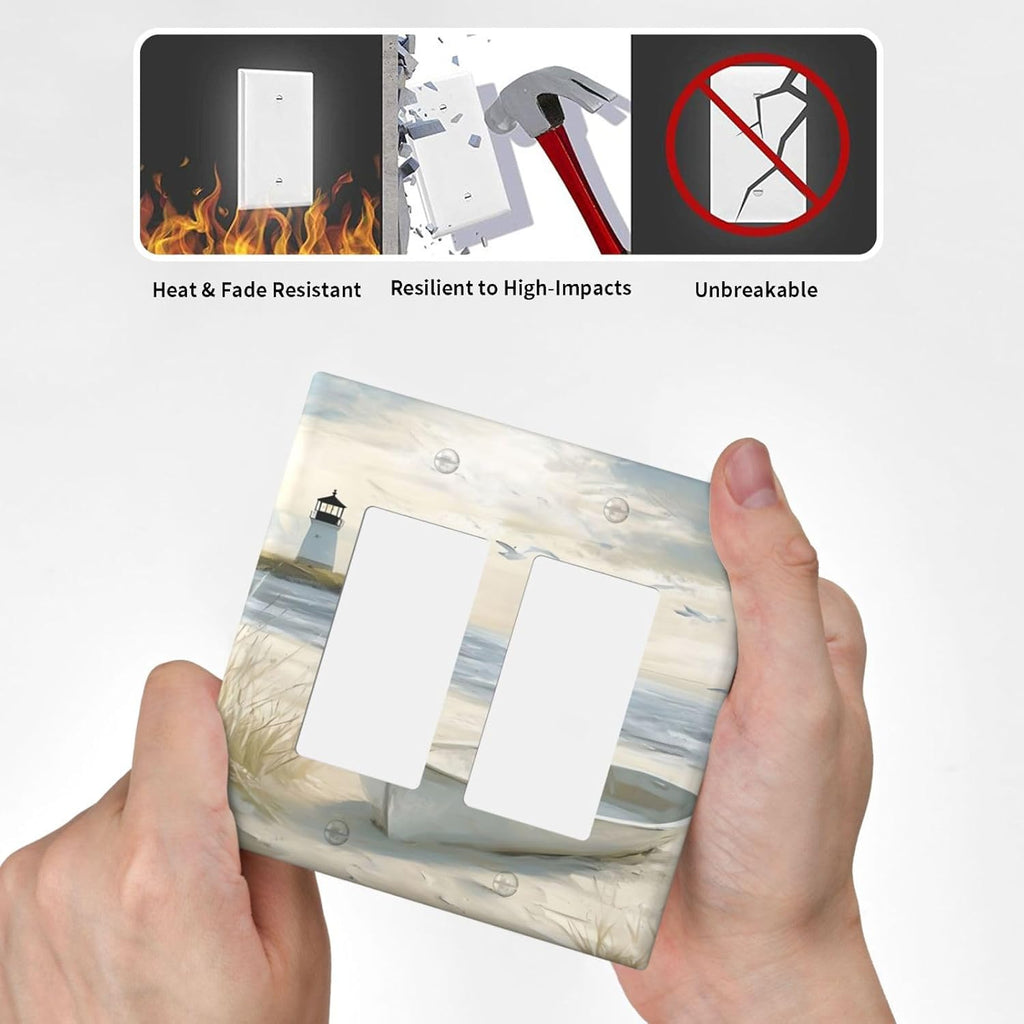 Decorative Outlet Covers Seascape Painting with Lighthouse Boats 2 Gang Wall Plate Double Rocker Light Switch Cover Double Switch Plate Cover for Bedroom Home Decor（2 Pack）