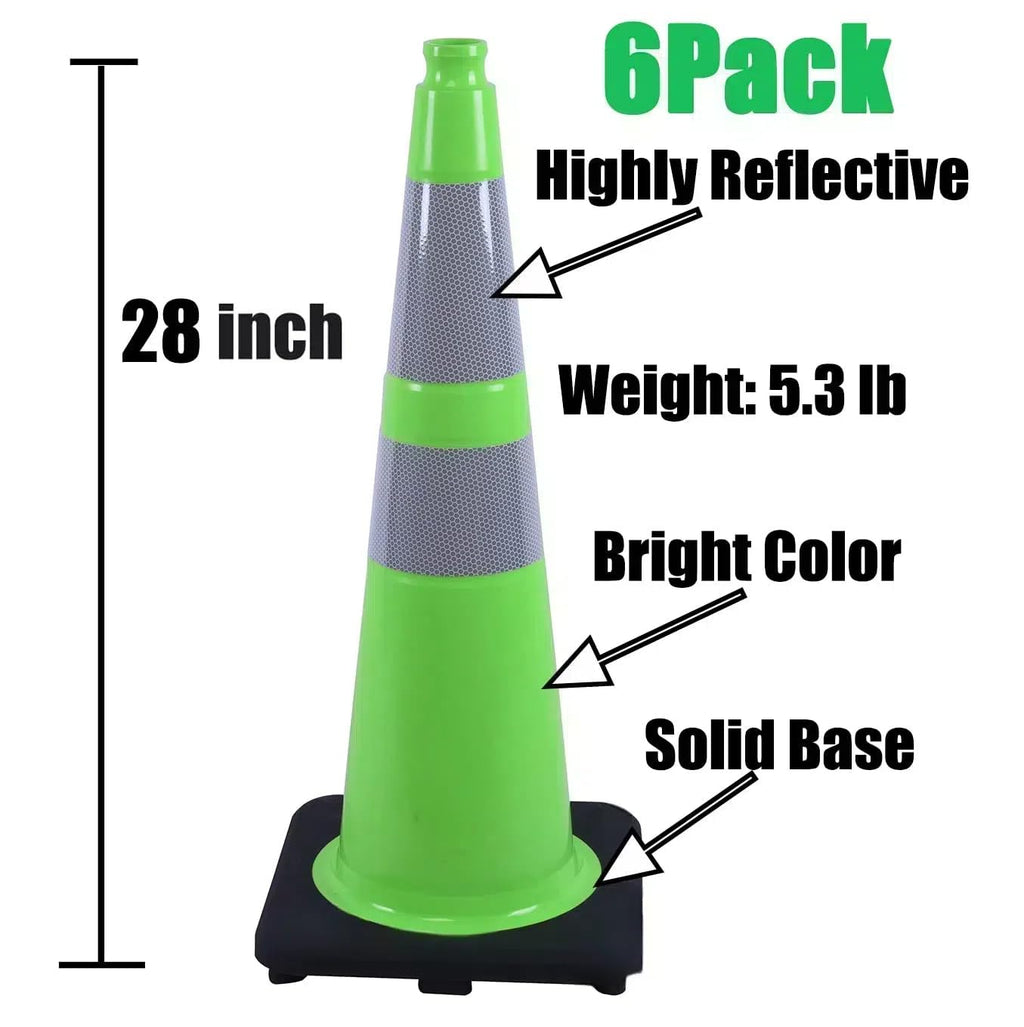 BESEA 6Pack 28" inch Traffic Cones Green Safety Cones with 6 inch Reflective Collar for Home Driveway Road Parking Use(6 Cones)