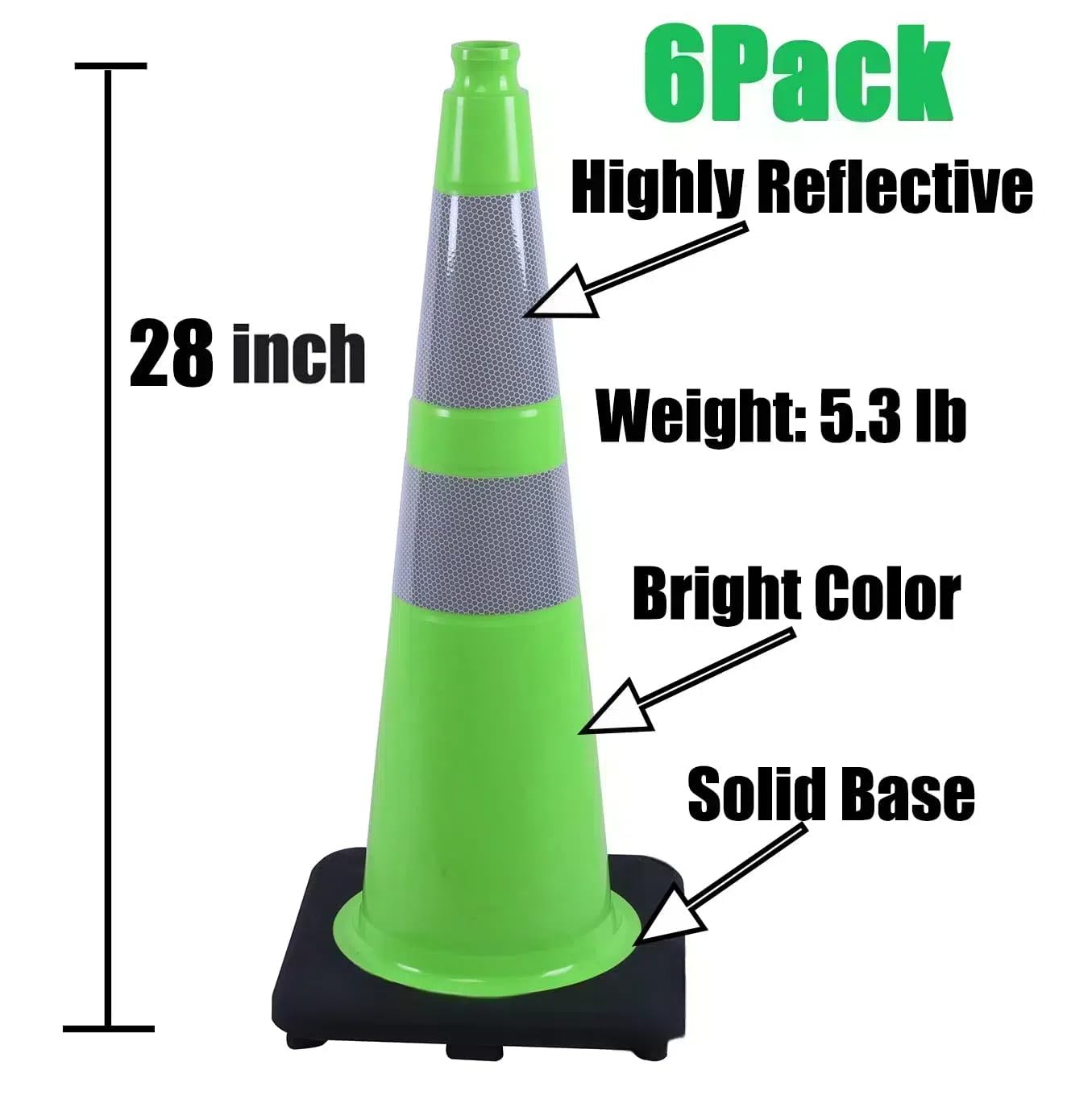 BESEA 6Pack 28" inch Traffic Cones Green Safety Cones with 6 inch Reflective Collar for Home Driveway Road Parking Use(6 Cones)