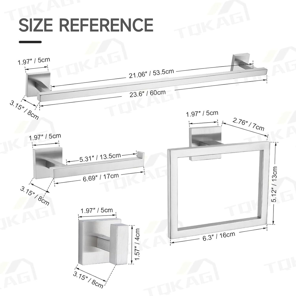 TQKAG Brushed Nickel Bathroom Hardware Accessories Set 10 Pieces, 23.6" SUS304 Stainless Steel Towel Bar Set Wall Mounted Includes Single Towel Bar, Towel Ring, Toilet Paper Holder, Double Towel Hooks