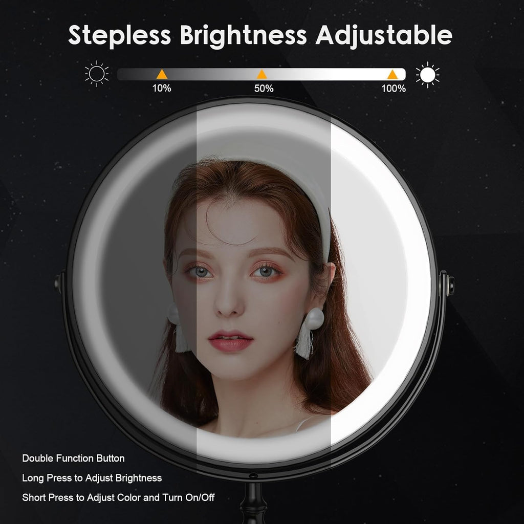 Lighted Makeup Mirror, 3000 mAh Rechargeable Double Sided Magnifying Vanity Mirror with 3 Colors, 1x/10x, 360° Rotation , Brightness Adjustable Magnification Cosmetic Light up Mirror, Women Gift