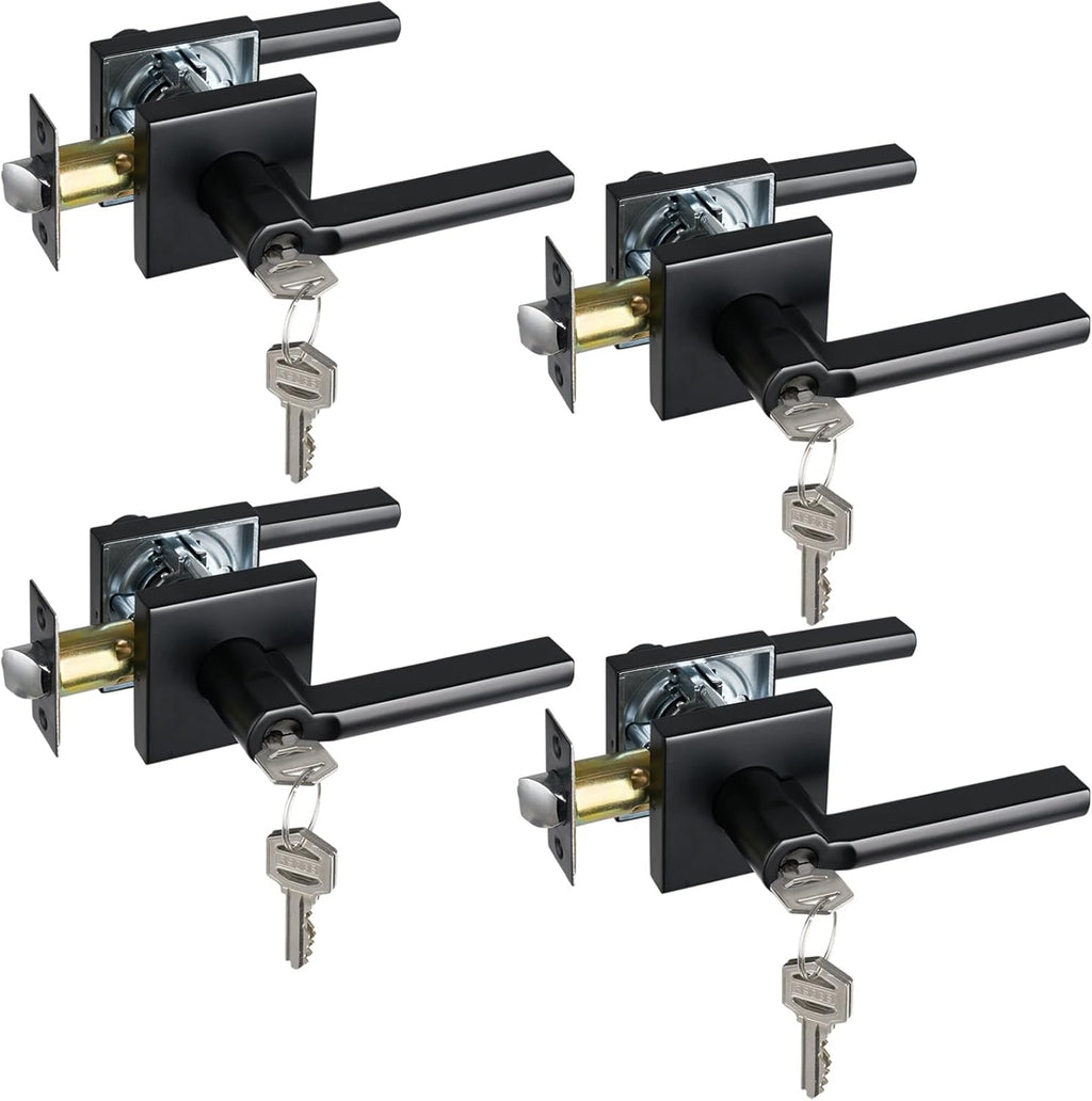 Keyed Entry Door Lever with Lock, Heavy Duty Square Interior Handle for Front Door and Office, Matte Black, Reversible for Right&Left Handed, 4Packs