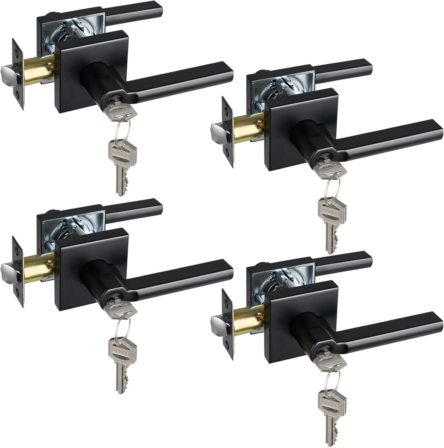 Keyed Entry Door Lever with Lock, Heavy Duty Square Interior Handle for Front Door and Office, Matte Black, Reversible for Right&Left Handed, 4Packs
