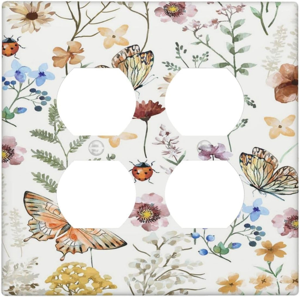 Decorative Outlet Covers Rustic White Butterfly Flowers Leaves 2 Gang Wall Plate Cover Double Duplex Receptacle Two Switch Light Switch Cover Plate Jumbo Dual Faceplate for Home Decor