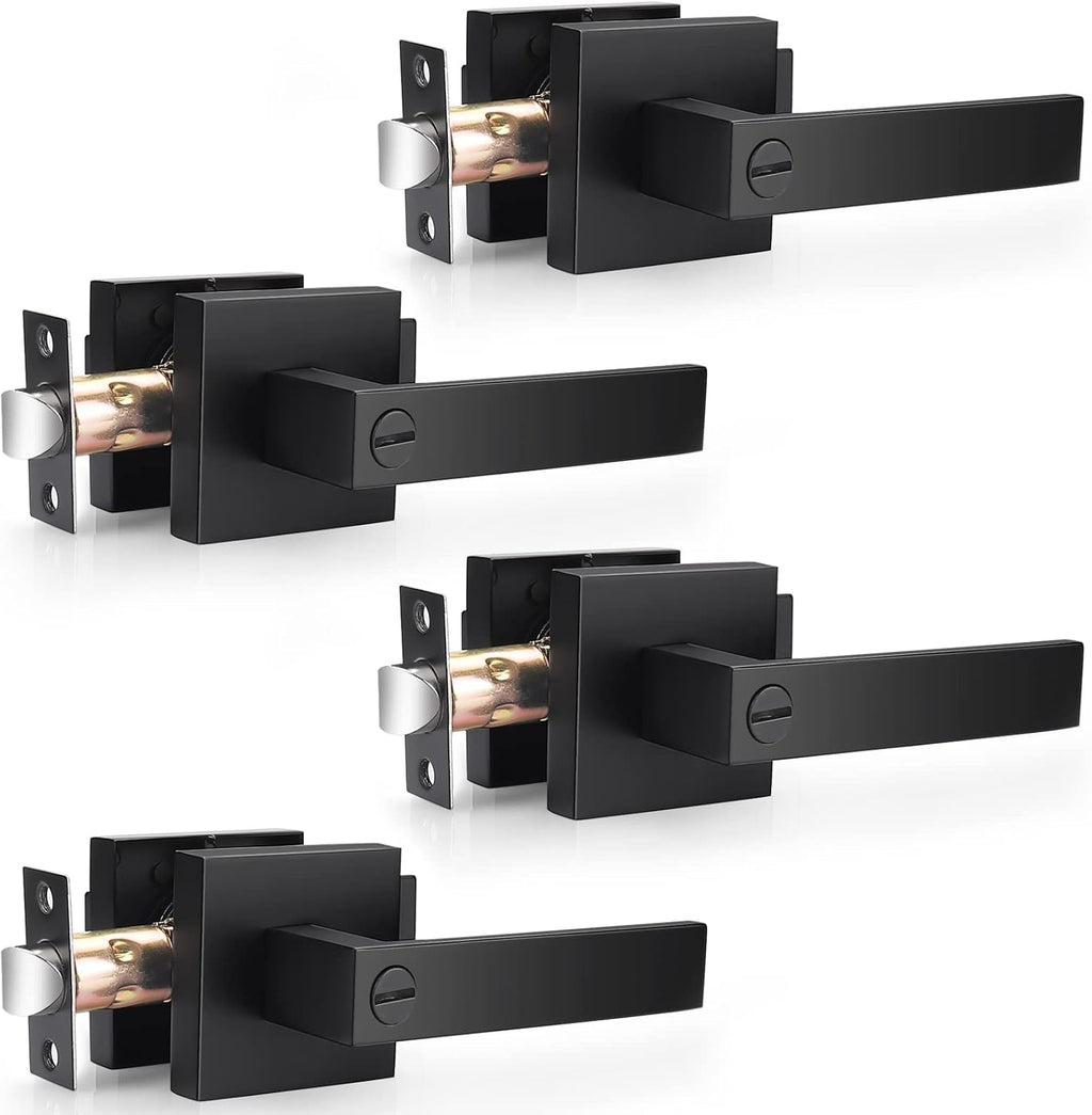 Probrico 4 Pack| Matte Black Square Privacy Door Levers Bed Bath Door Handles, Heavy Duty Interior Keyless Door Locks for Left or Right Sided Doors