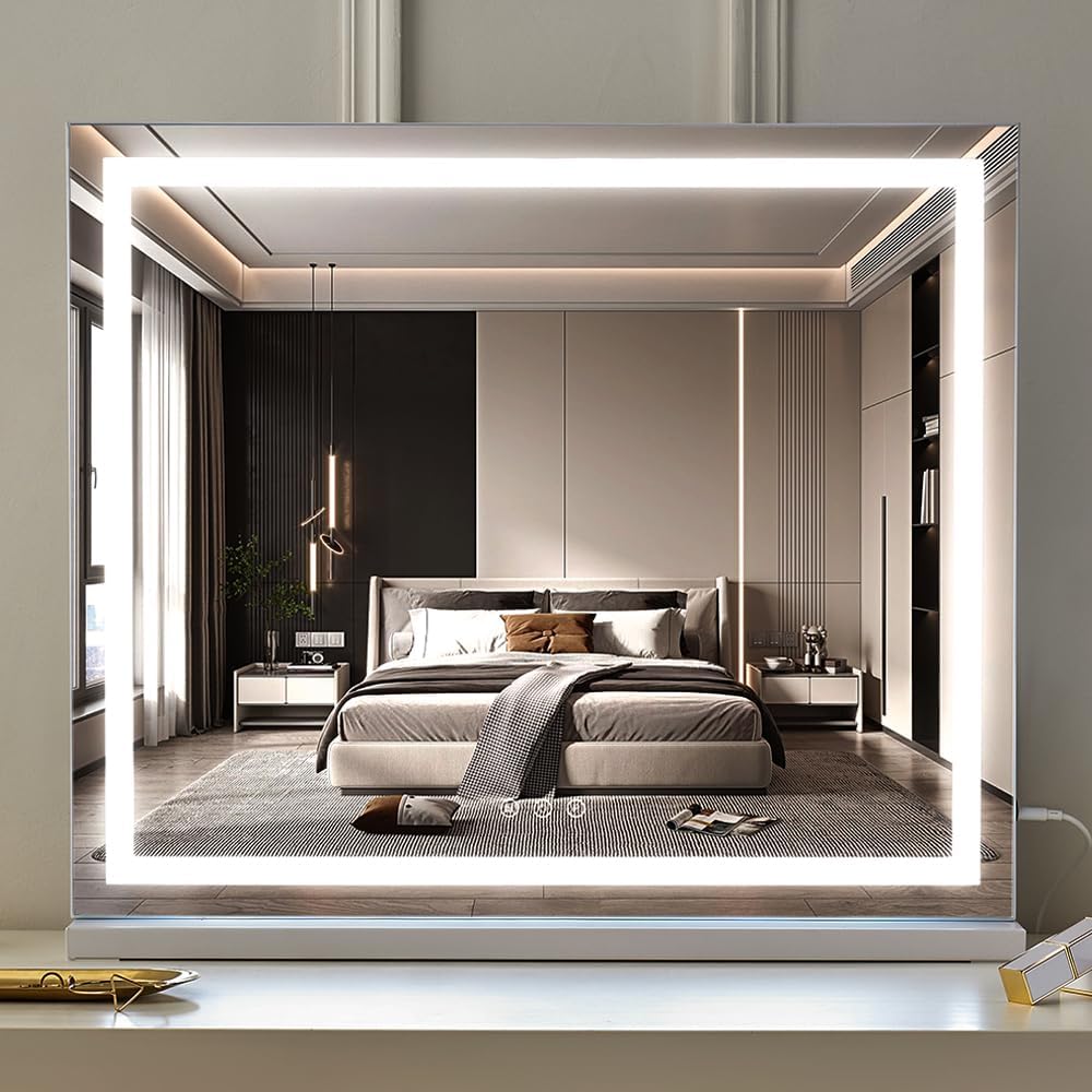 HIEEY Lighted Makeup Mirror, Hollywood Vanity Mirror with Lights, Three Color Lighting Modes, with 5X Magnification Mirror, Smart Touch Control, 360°Rotation (22.8in,White)