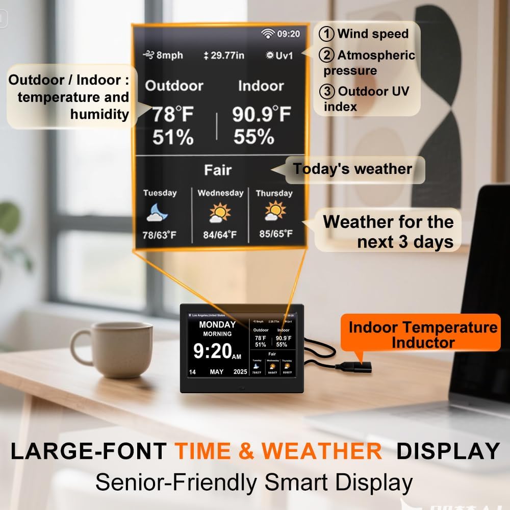 2025 Digital Clock with Weather Forecast & Temperature/Humidity Large Display, Auto Time Sync,Custom Alarms & Medication Reminders, Elderly Memory Loss (Black, 7-Inch)
