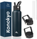 40oz Insulated Water Bottle Stainless Steel Sport Bottles with 3 Lids,Navy Blue