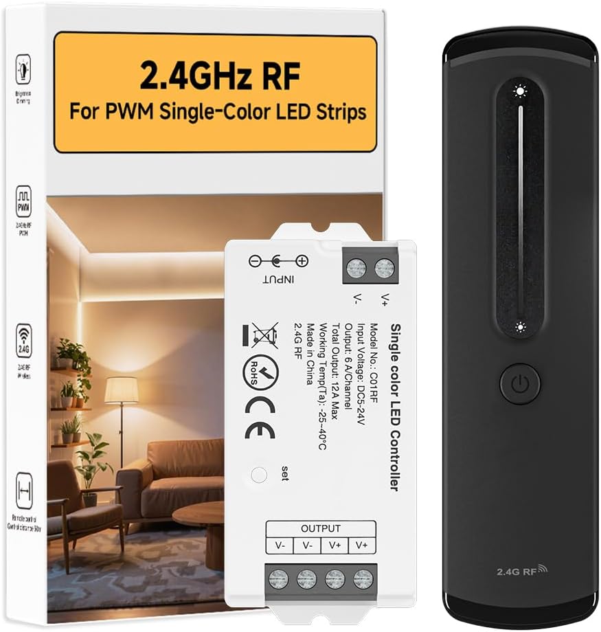 BTF-LIGHTING RC07RFB & C01RF RF 2.4GHz Wireless Tuya Controller Kit Magnetic Wall-Mounted, Dim Brightness,Touch Slide Control for PWM(+V -V) 2PIN SMD FCOB Single Color LED Strip Light DC5V DC12V DC24V