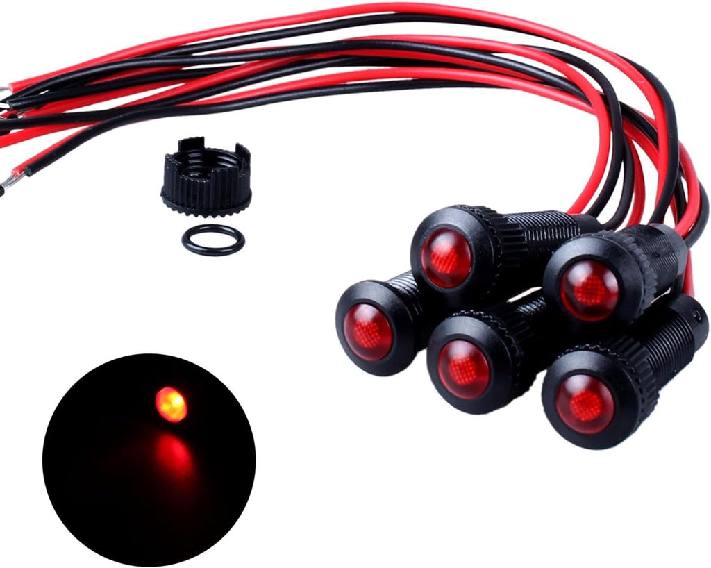 5pcs 8mm LED Indicator Light Plastic Black Signal Dot Lamp 12V-24V 5/16" Mounting Hole Size with 15cm/5.9in. Wire (Red LED)