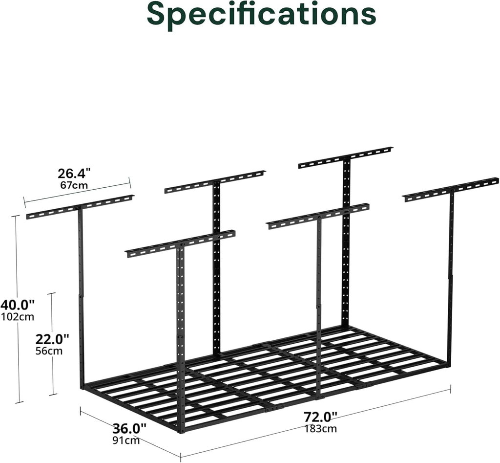 SunsGrove 3x6 Overhead Garage Storage Rack Organization, Adjustable Ceiling Mounted Storage Racks, 800LBS Weight Capacity, 22"-40" Ceiling Dropdown, Hammertone Black