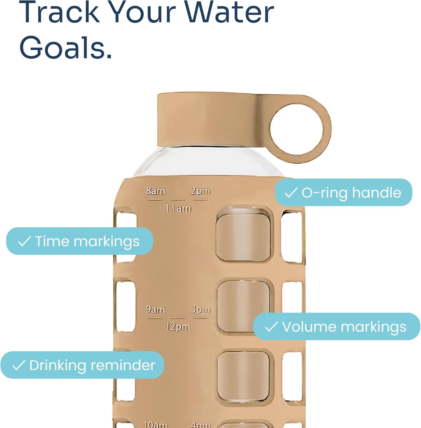 purifyou 40oz / 32oz / 22oz / 12oz Borosilicate Glass Water Bottle with Time & Volume Markers, Silicone Sleeve, Stainless Steel Lid | Reusable Glass Bottle for Water & Juice (22oz Iced Coffee)