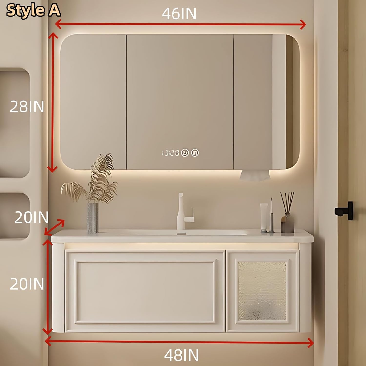 48IN Wall Mounted Bathroom Vanity Set - Wood Bathroom Vanities has Tissue Hole Design | Includes Smart Defogging Mirror Cabinet & Time Display, Rounded Corners, Glass Cabinet Doors (Style A)