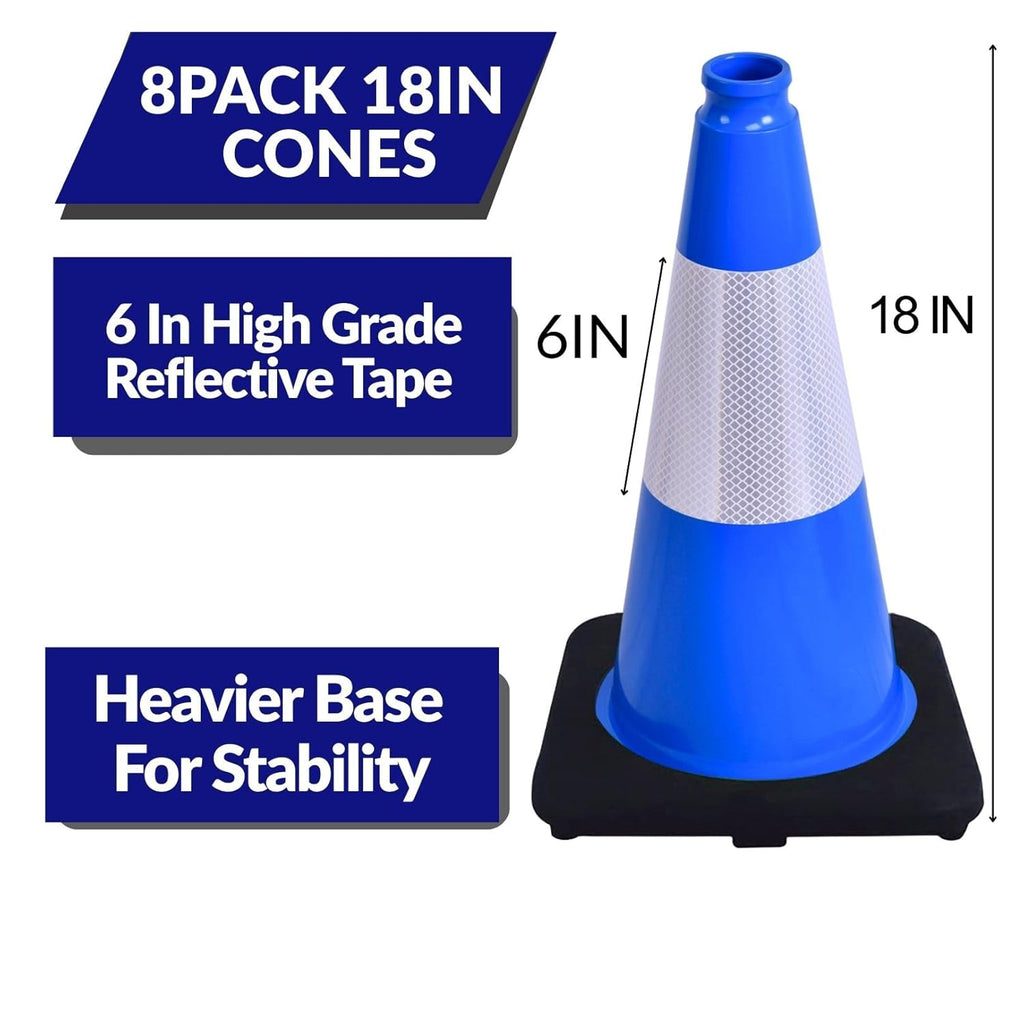 BESEA 8Pack 18 Inch Blue Traffic Cones with 6 Inch Reflective Collar, Heavy Duty PVC Safety Cones with 10.5 x 10.5 Inch Base for Parking, Driving Practice, Sports Training, and Construction