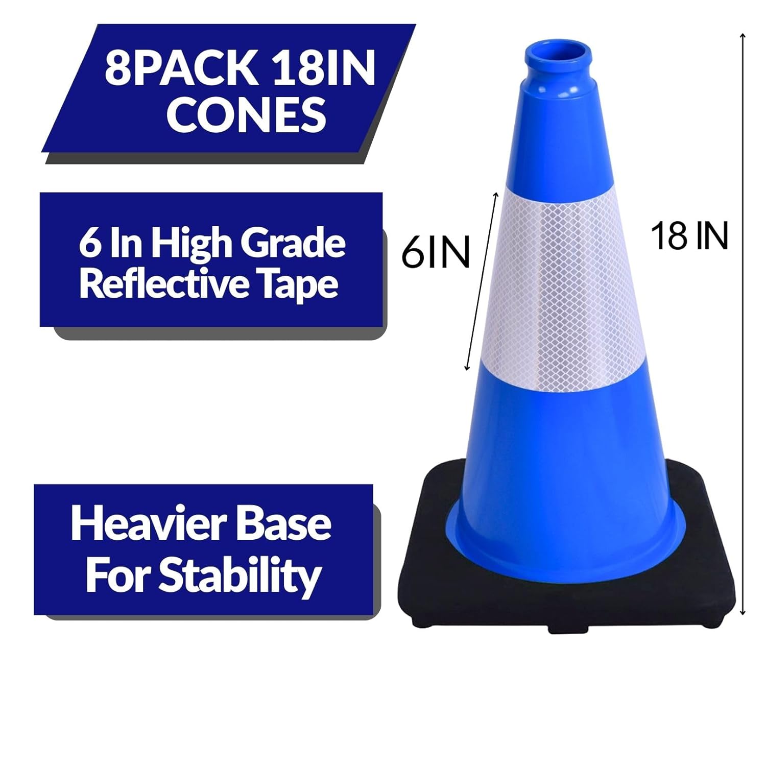 BESEA 8Pack 18 Inch Blue Traffic Cones with 6 Inch Reflective Collar, Heavy Duty PVC Safety Cones with 10.5 x 10.5 Inch Base for Parking, Driving Practice, Sports Training, and Construction