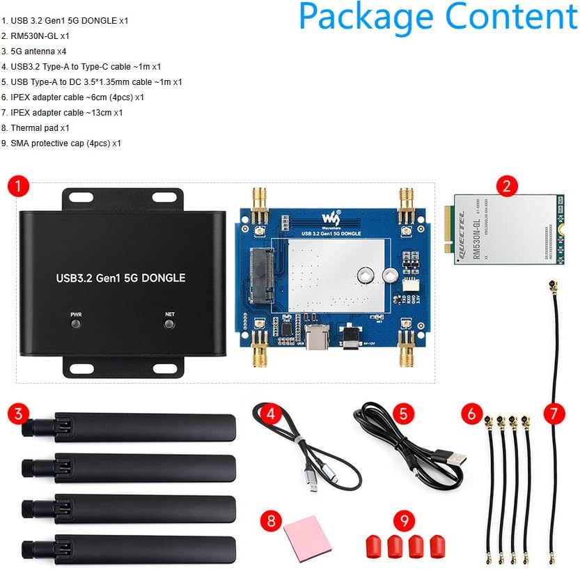 Global 5G DONGLE Expansion Board, USB 3.2 Port, Onboard M.2 Key B Interface, Quad Antennas, Aluminum Alloy Case, with Qualcomm RM530N-GL 5G Sub-6G & mmWave Module @XYGStudy (RM530N-GL 5G DONGLE (B))