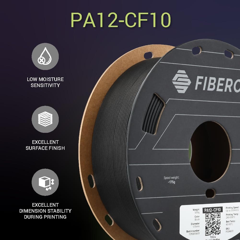 Polymaker Fiberon PA12-CF10 Nylon Filament 1.75mm Black 0.5kg, Low Moisture Sensitivity PA12-CF Carbon Fiber Nylon 1.75mm 3D Printing Filament