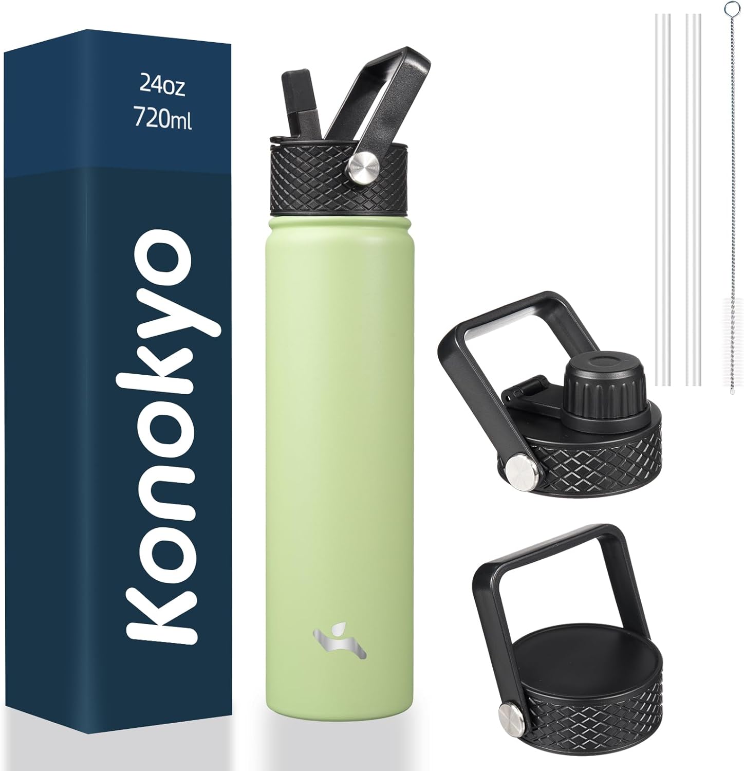 Insulated Water Bottle 24oz Stainless Steel Sport Bottles with 3 Lids,Macaron Green