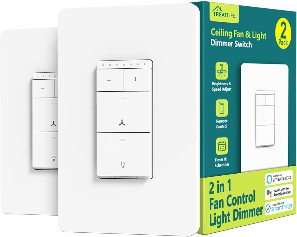 TREATLIFE Smart Ceiling Fan Control and Dimmer Light Switch 2Pack, Neutral Wire Needed, 2.4GHz Single Pole Wi-Fi Fan Light Switch Combo Works with Alexa, Google Home and SmartThings, Remote Control
