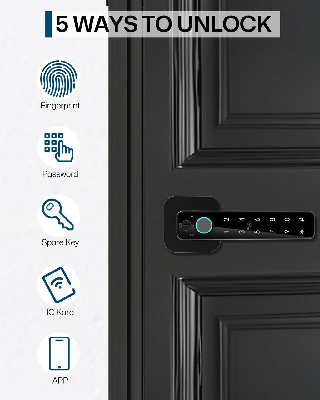5-in-1 Smart Fingerprint Door Lock,Keyless Entry Digital Knob, Bluetooth App Control, Card and Key, Biometric Door Knob with Handle, Easy to Install for Exterior, Interior, Bedroom Doors