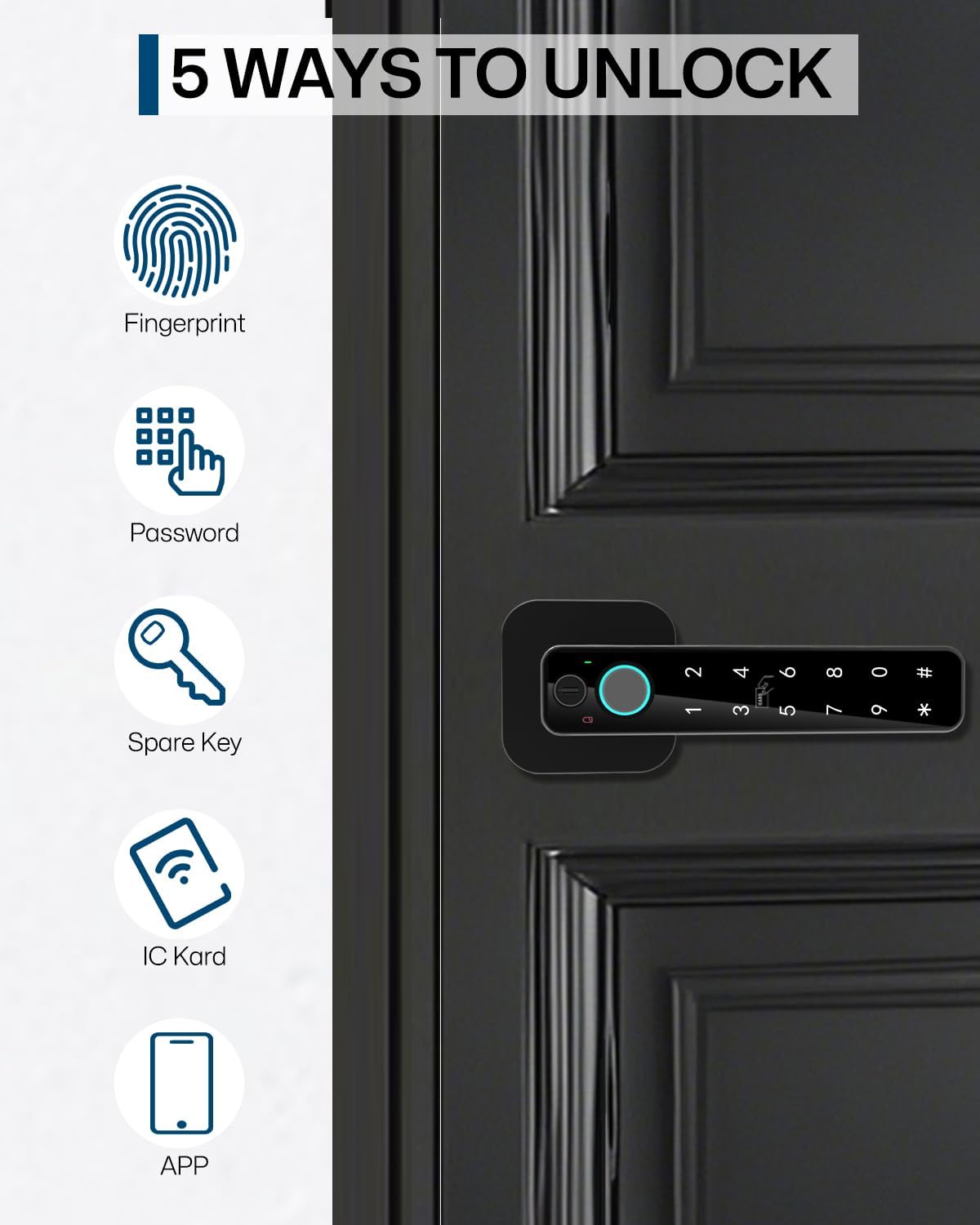 5-in-1 Smart Fingerprint Door Lock,Keyless Entry Digital Knob, Bluetooth App Control, Card and Key, Biometric Door Knob with Handle, Easy to Install for Exterior, Interior, Bedroom Doors