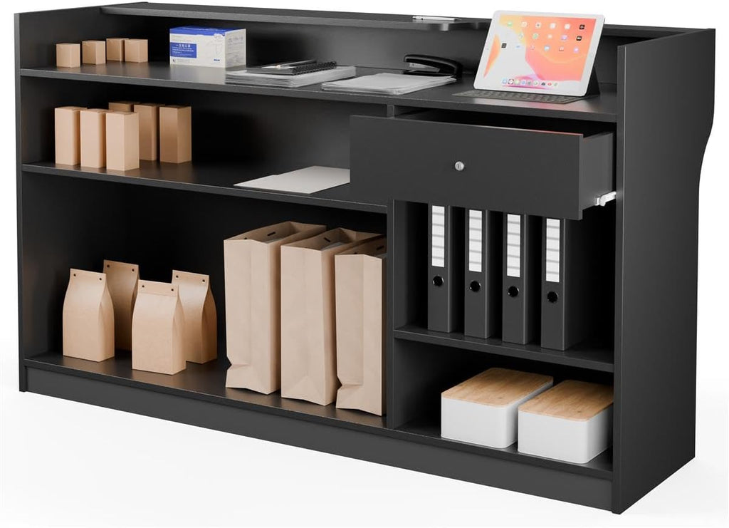 Free-Standing Black Melamine Register Stand, 72 w x 42 x 18-Inch, with Adjustable Shelves, Pull-Out Drawer, and Check Writing Area