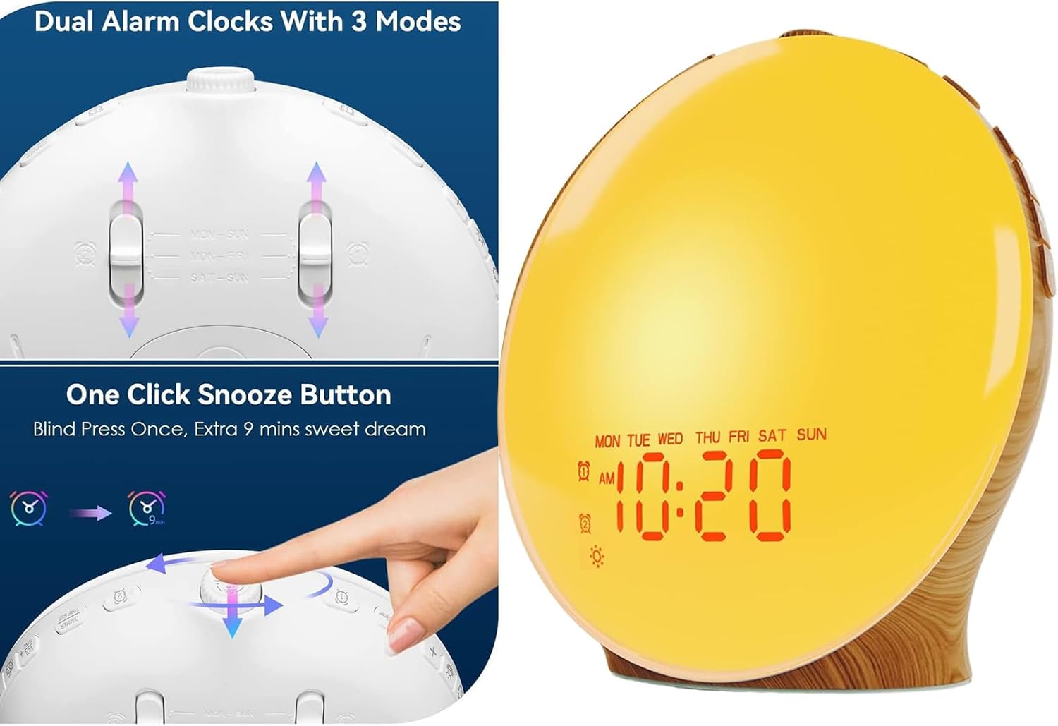 Full Screen Wood Grains Wake Up Lamp with Soft LED Lighting and Color Sunrises Simulation Digital Alarm Clock