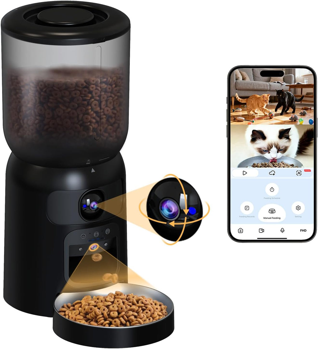 Automatic Cat Feeder with 2K HD Dual Cameras, 2.4/5G WiFi 6L Feeder, Pet Feeder Automatic for Cats & Dogs, Cat Food Dispenser with Cameras, Laser Interactive Toy & Night Vision(Black-Dual Cameras)