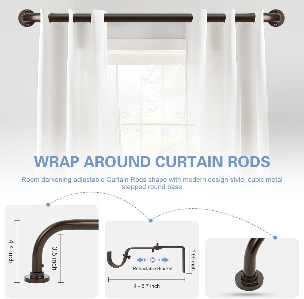 Bronze Wrap Around Curtain Rods 28 to 48 Inch:Blackout Heavy duty Adjustable Window Curtain Rod for Bedroom,Industrial Darkening Curved French Metal Single Drapery Rods Set Easy Install,Brown