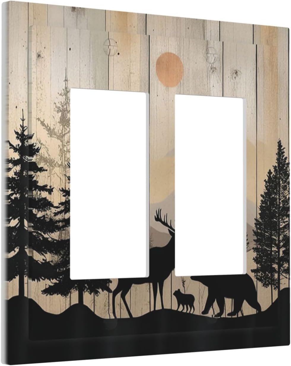 Decorative Outlet Covers Wood Board Wildlife Cute Bear Deer Forest Rustic 2 Gang Double GFCI Rocker Electrical Wall Panels Light Switch Cover Plate for Bathroom Farmhouse Decor