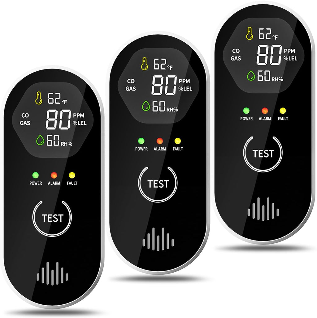 3 Packs Carbon Monoxide Detectors Plug-in, 4-in-1 CO & Gas Leak Alarm with Digital Display and 85dB Alert, Easy Install for Bedroom, RV, Camper — Portable Protection Anytime