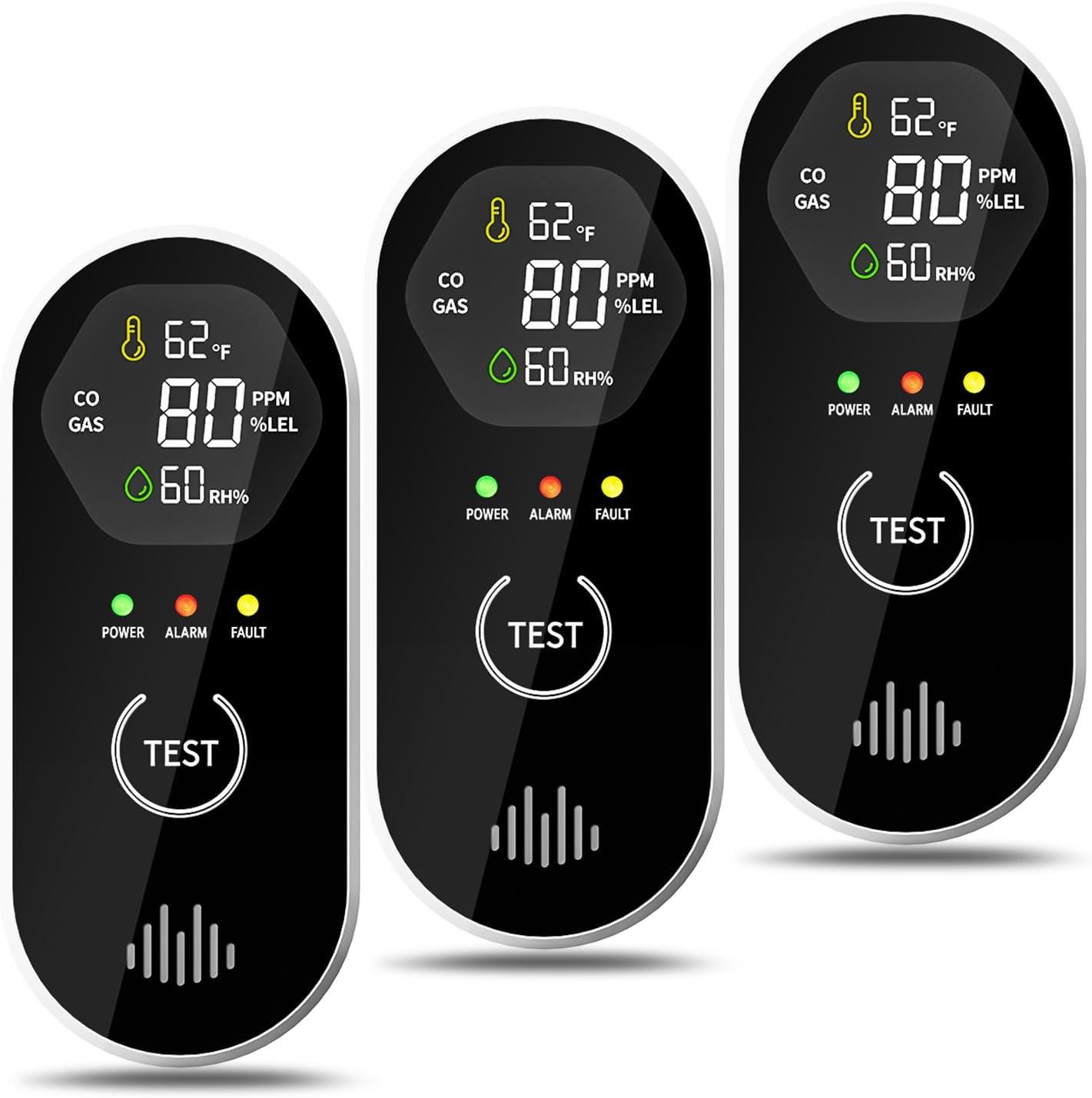 3 Packs Carbon Monoxide Detectors Plug-in, 4-in-1 CO & Gas Leak Alarm with Digital Display and 85dB Alert, Easy Install for Bedroom, RV, Camper — Portable Protection Anytime